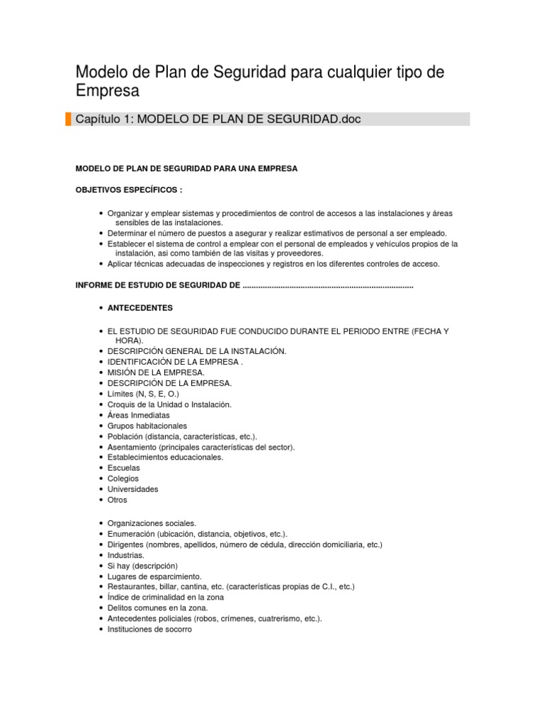 Modelo de Plan de Seguridad para Cualquier Tipo de Empresa | PDF ...