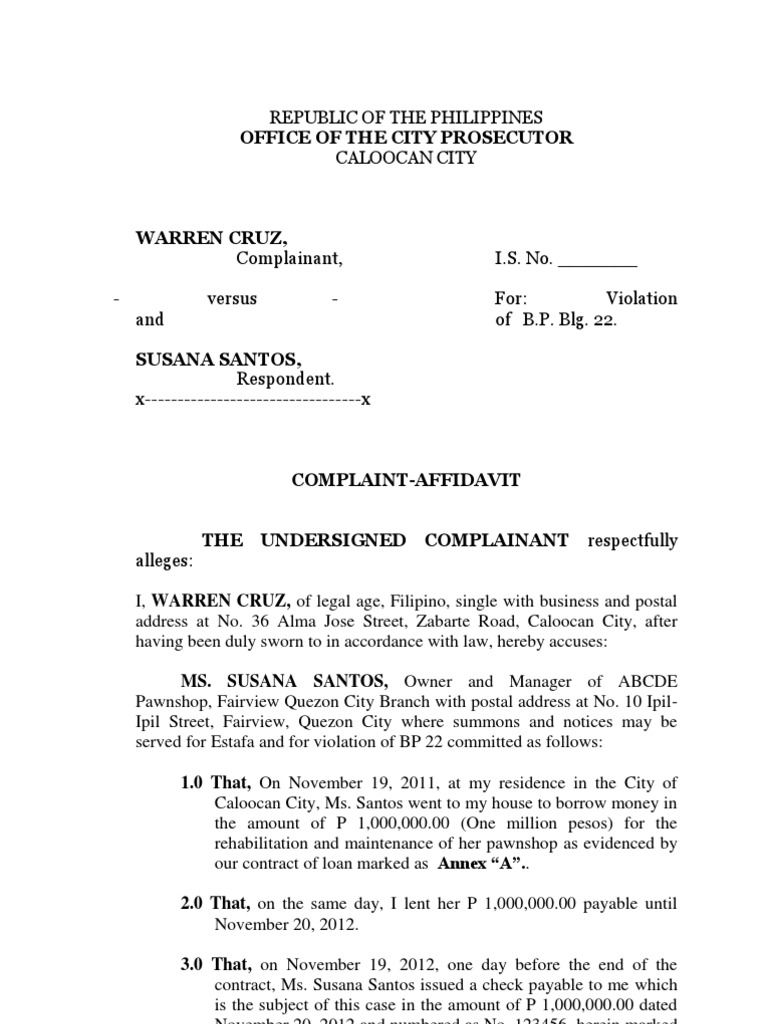 Complaint Affidavit Bp22 Cheque Social Institutions