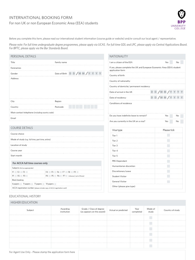BPP College Addmission Form Editable | PDF | Travel Visa | Test ...