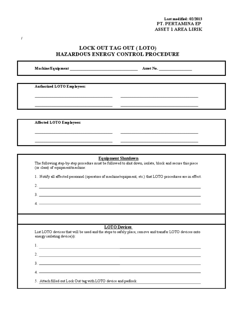 LOTO Hazardous Energy Control Procedure | PDF