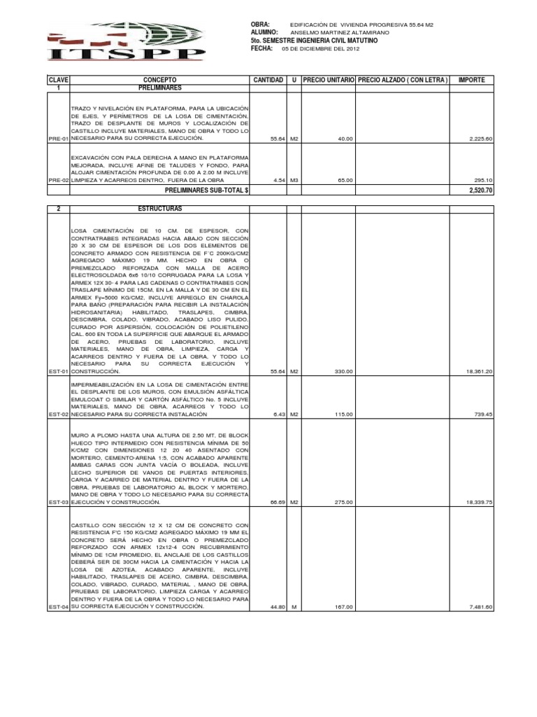 Catalogo de Conceptos Casa Habitacion Chemo