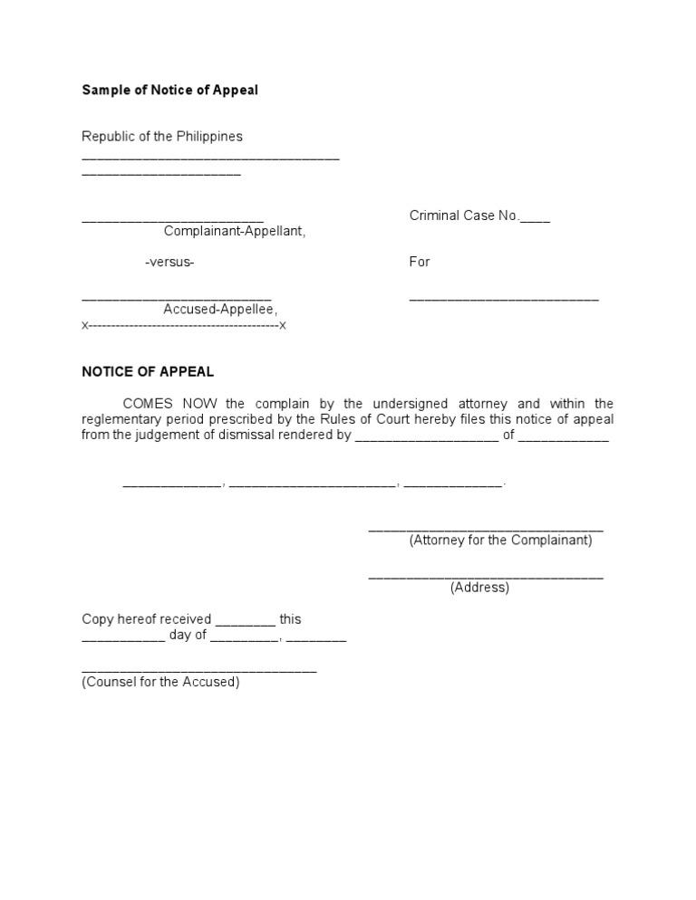 Sample of Notice of Appeal