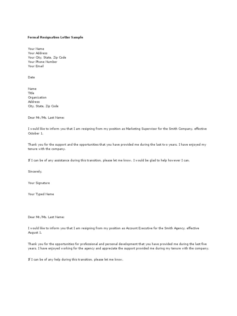 Specimen Resignation Letter