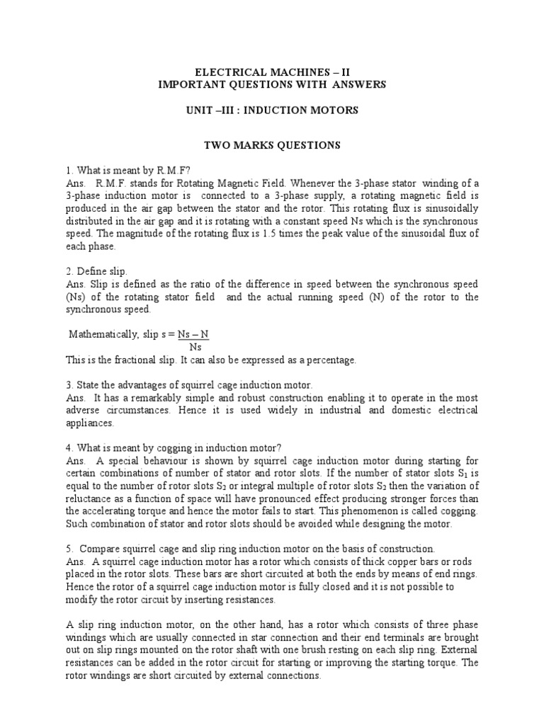 Electrical MachinesII UnitsIII & IV Questions and Answers PDF