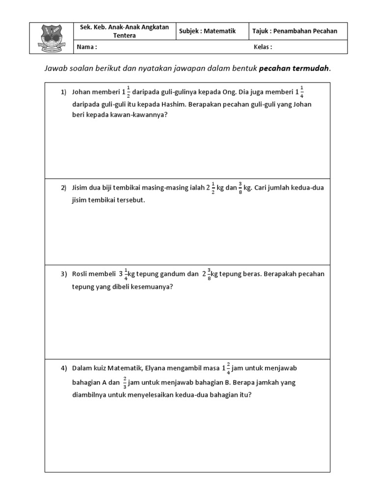 Latihan Penyelesaian Masalah Tambah Pecahan Pdf