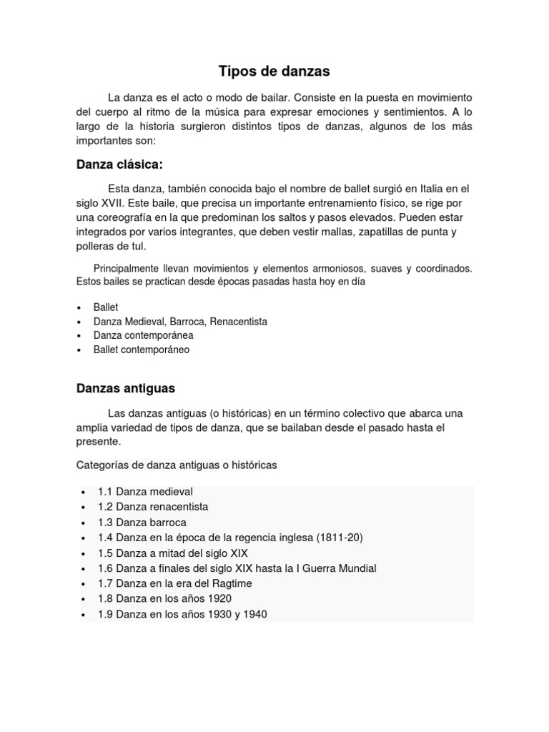 Tipos de Danzas | Descargar gratis PDF | Bailes | Ballet