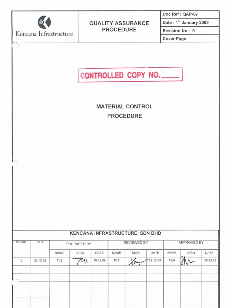 QAP07 Material Control Procedure PDF PDF Pipe (Fluid Conveyance) Valve