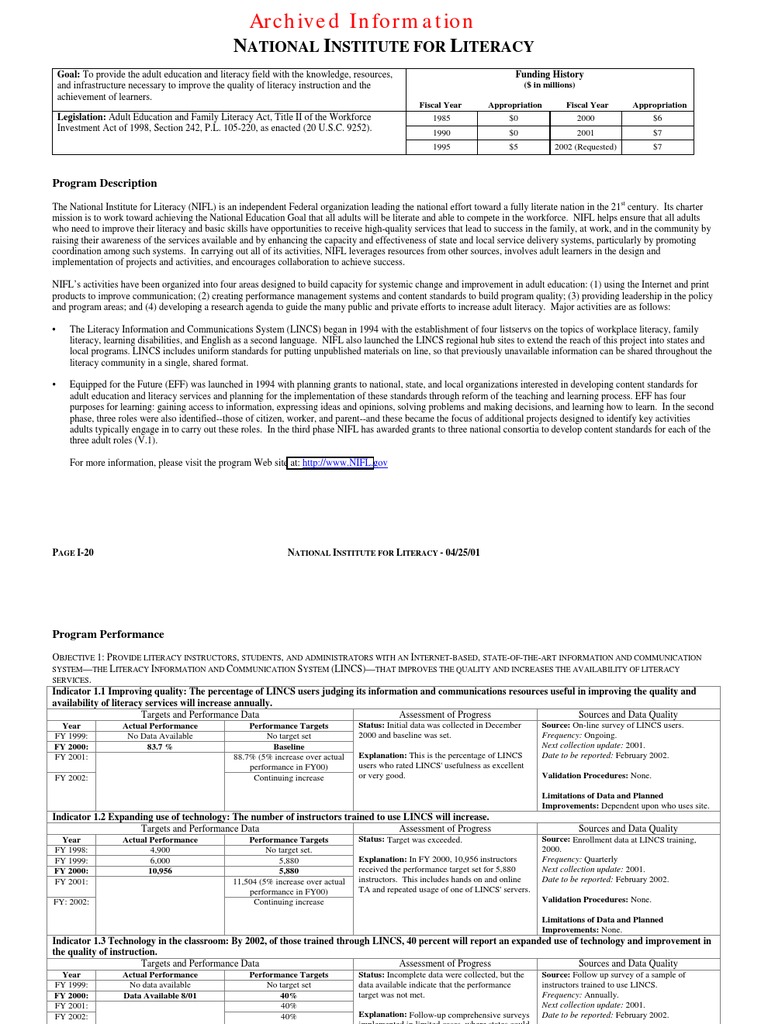National Institute for Literacy Overview | PDF