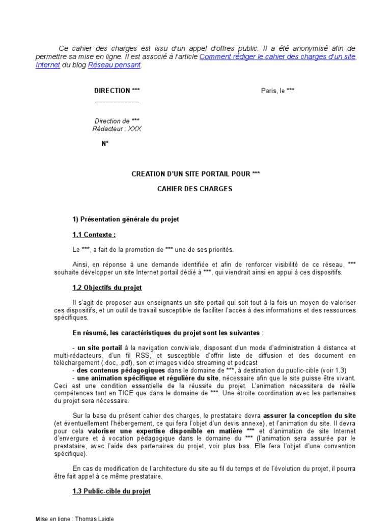 Exemple de Cahier Des Charges  l'Internet  Pédagogie