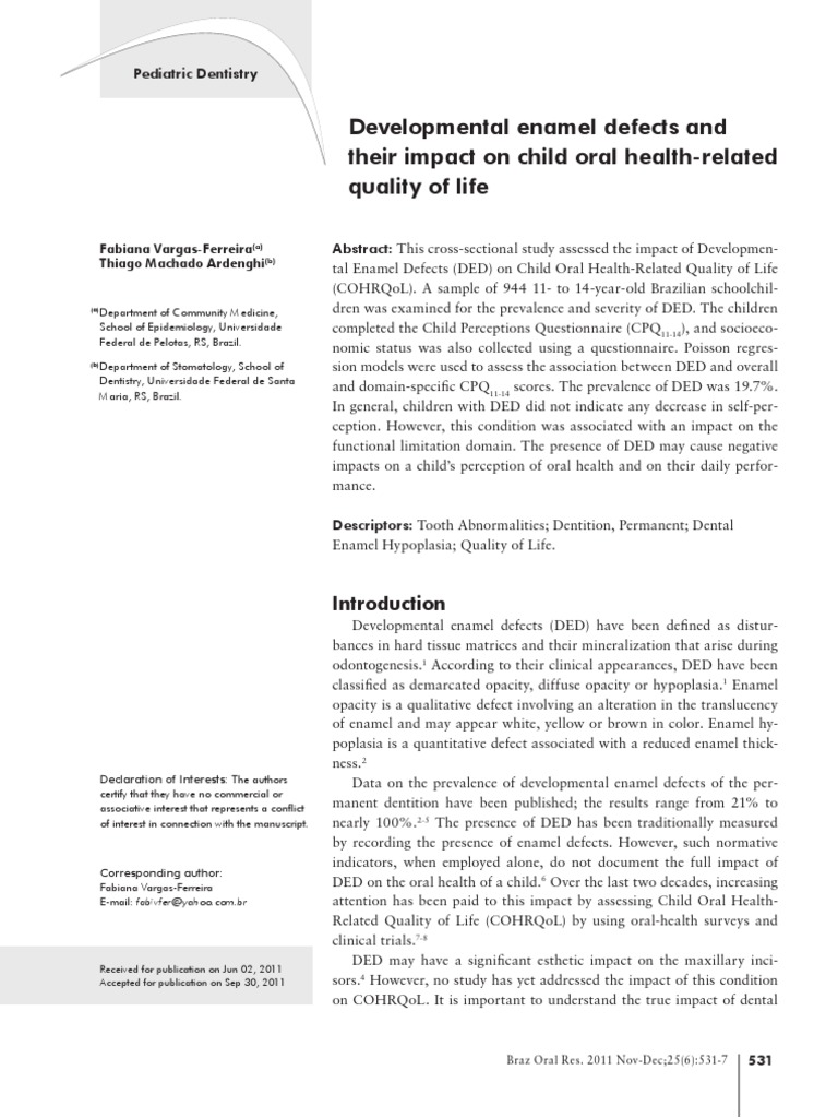 Developmental Enamel Defects and Their Impact On Child Oral Health