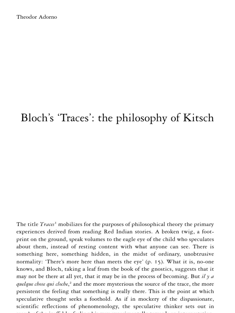 Bloch's 'Traces' (The Philosophy of Kitsch) PDF Idealism