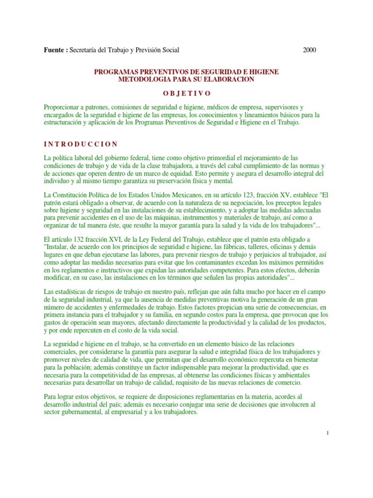 Programas Preventivos de Seguridad e Higiene Met. para Elaboración ...