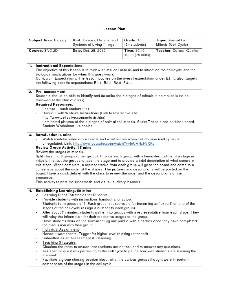 Grade 10 Mitosis Lesson Plan | PDF | Mitosis | Educational Assessment