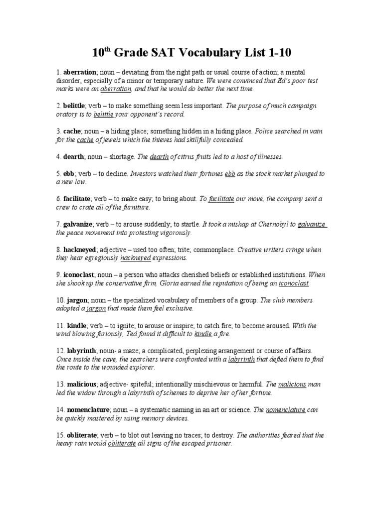 10th Grade SAT Vocabulary List (1) | Adjective | Verb