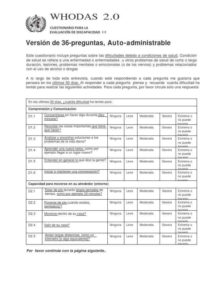 Cuestionario WHODAS 2.0: Evaluación Discapacidad | PDF | Cuestionario ...