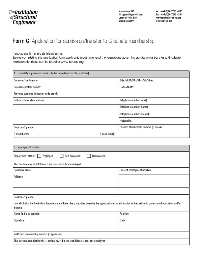 Form G Application For Admission Transfer To Graduate Membership PDF