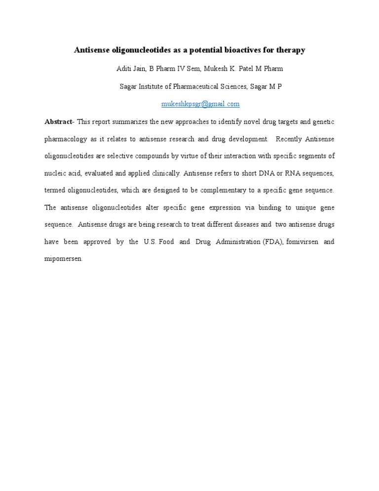 Antisense Oligonucleotides As A Potential Bioactives For Therapy | PDF