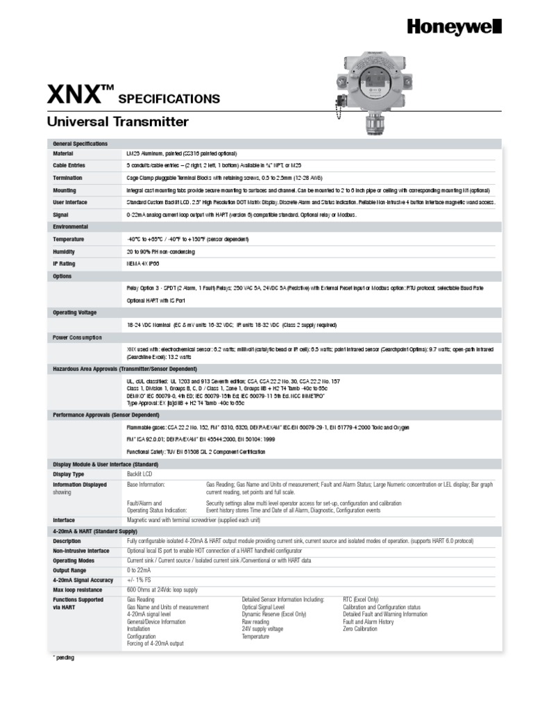XNX Universal Gas TransmitterSpec Sheet Honeywell Relay Switch