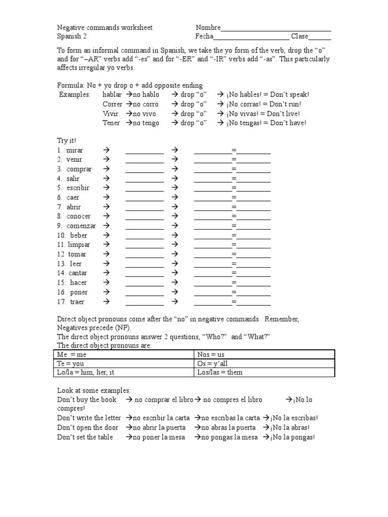 Spanish 2 Negative Commands Worksheet | PDF | Linguistic Morphology |  Syntactic Relationships