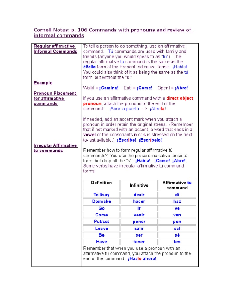 Cornell Notes Commands With Pronouns and Review of Informal Commands | PDF  | Stress (Linguistics) | Language Families