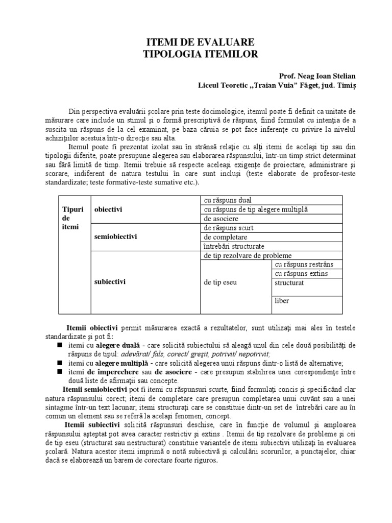 Itemi de Evaluare - Tipologie | PDF