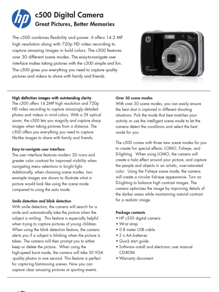 c500 Digital Camera: Great Pictures, Better Memories | PDF
