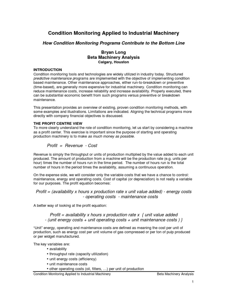 Condition Monitoring for Industrial Machinery | PDF | Profit ...