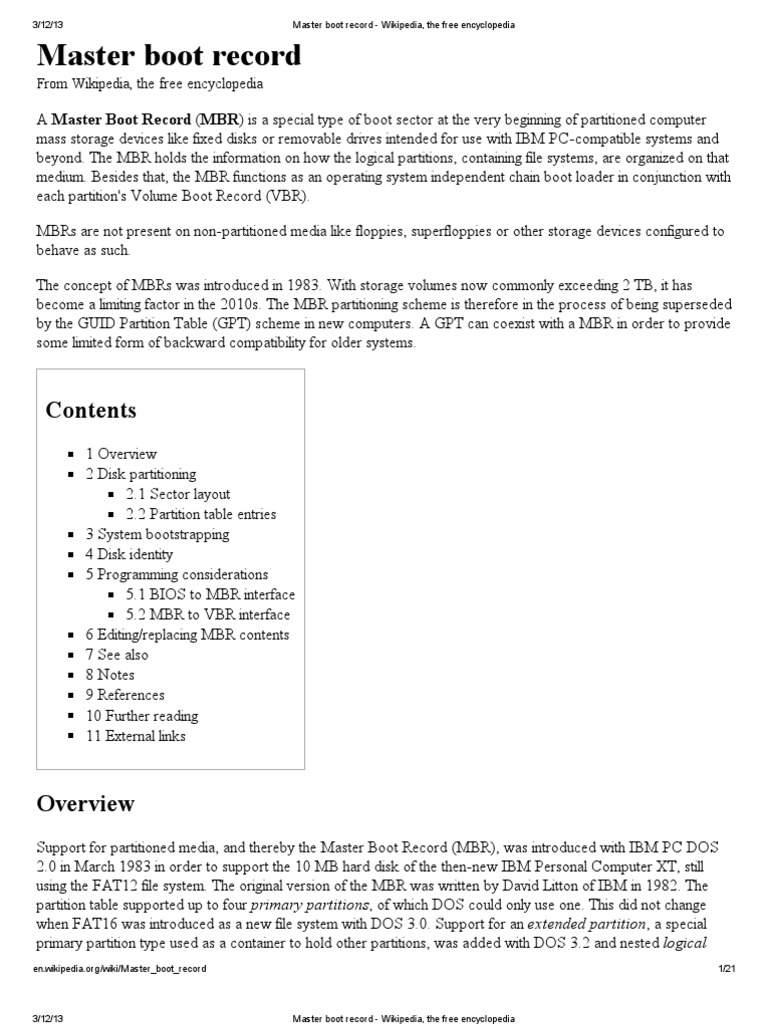 Master Boot Record - Wikipedia, The Free Encyclopedia | Bios | Video ...