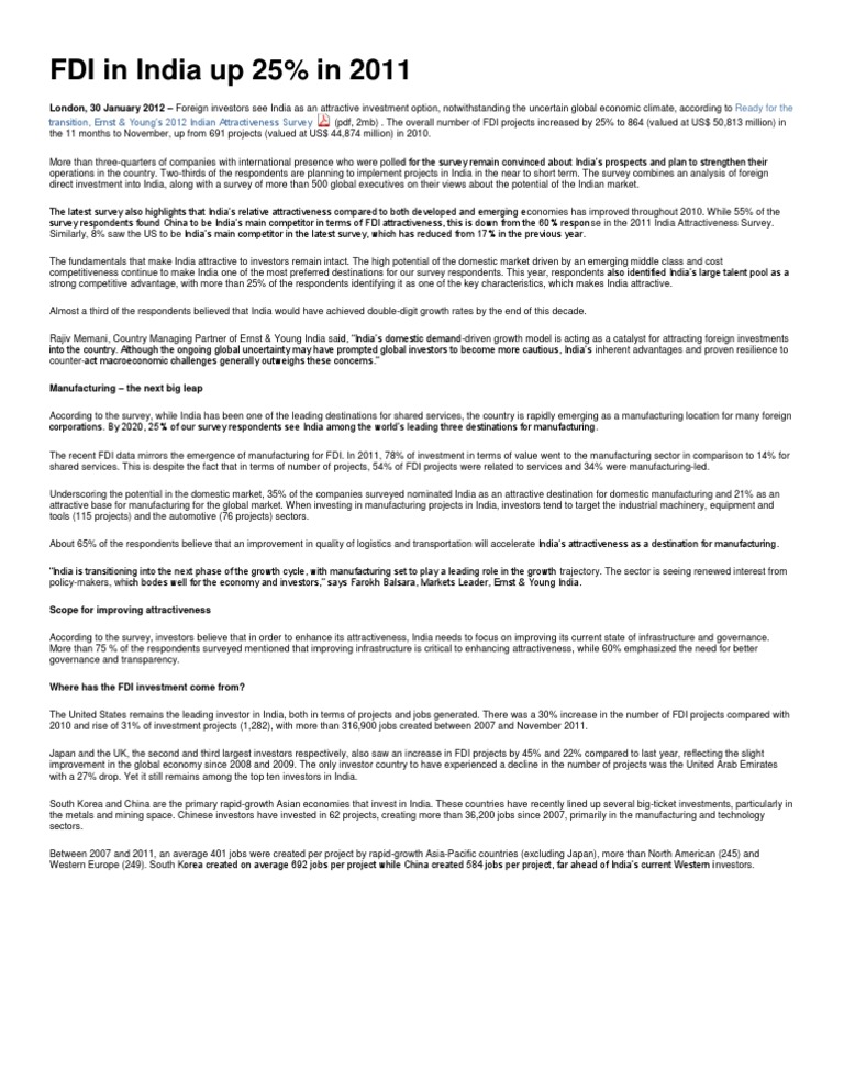 FDI Growth in India: 2011 Insights | PDF | Foreign Direct Investment ...