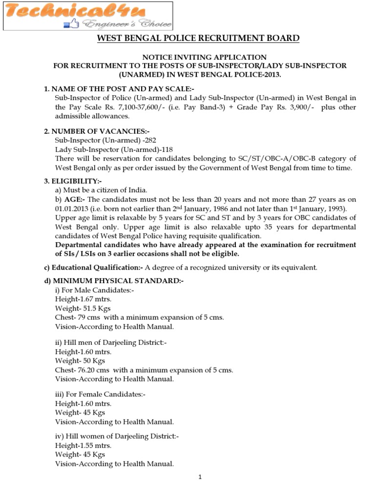Notification of West Bengal Police Sub Inspector Lady Sub Inspector ...