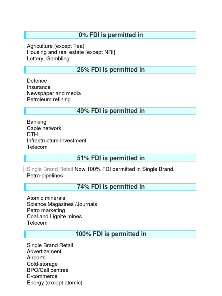 FDI Regulations by Sector in India | PDF | Technology & Engineering