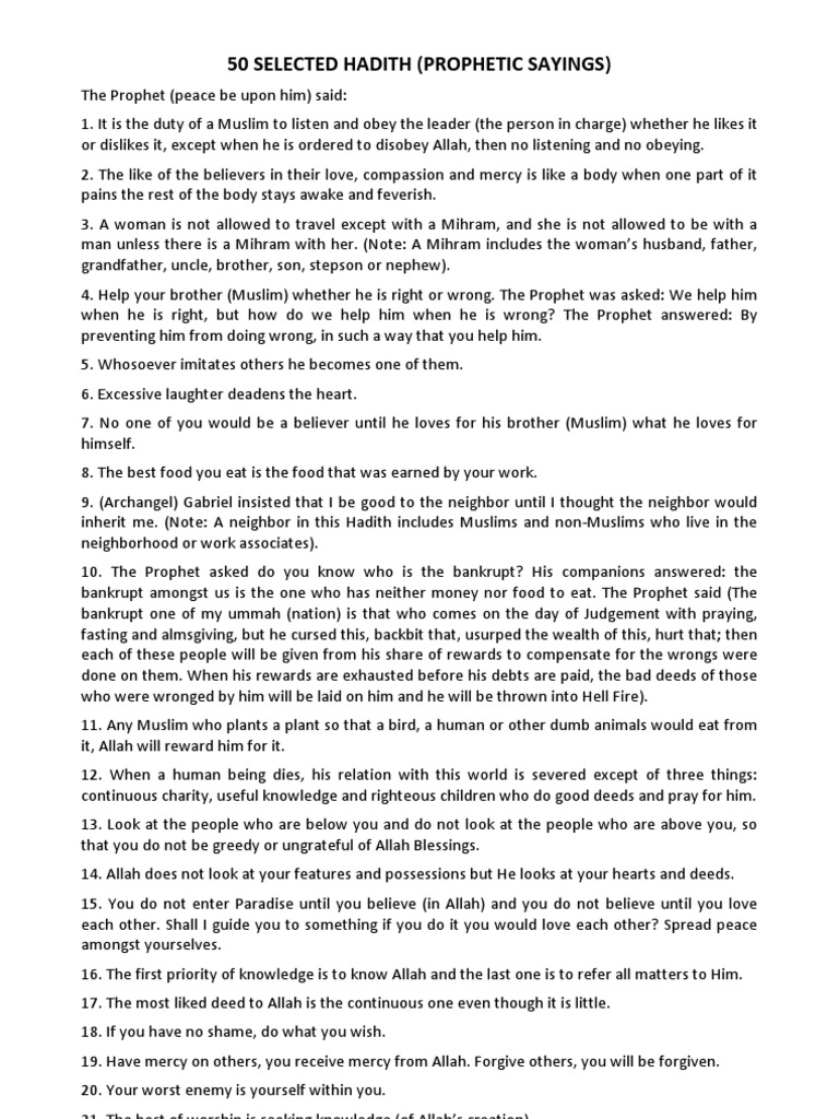 50 Selected Hadith of the Prophet | PDF | Islamic Theology | Theology