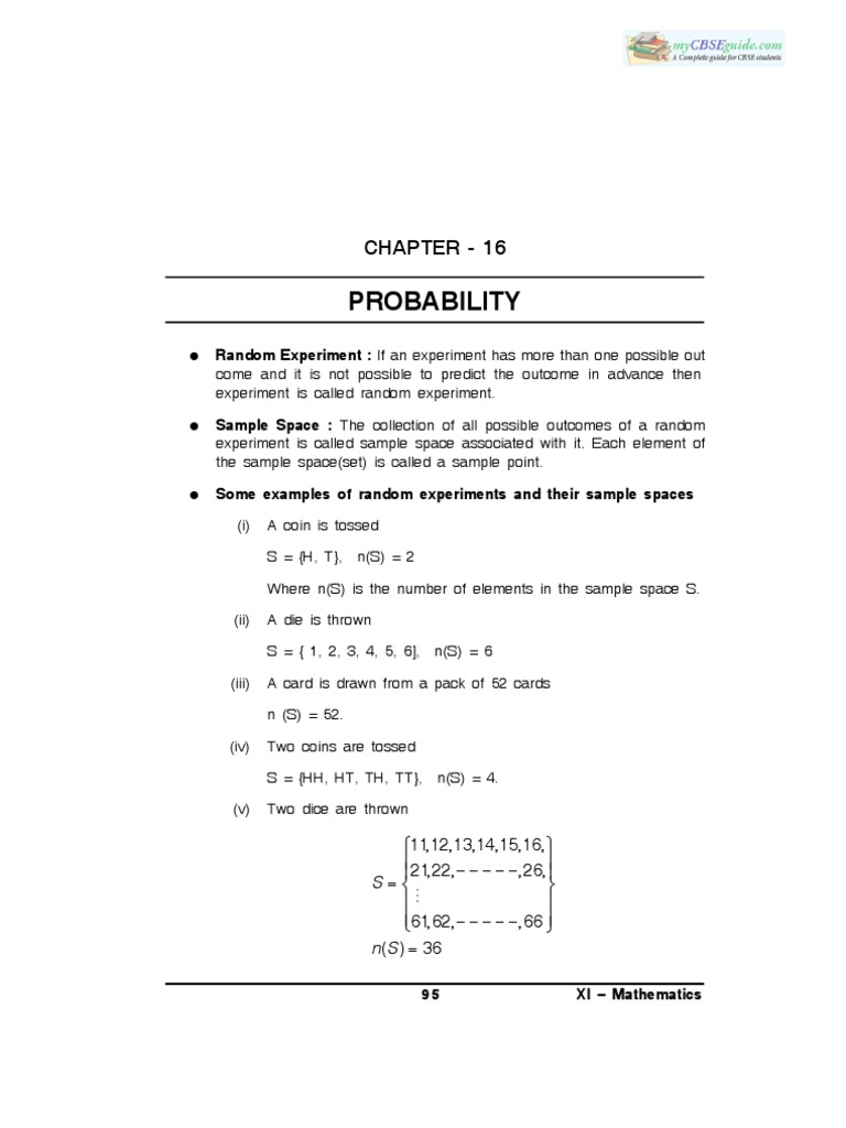 11 Maths Important Questions Chapter16 Probability | PDF