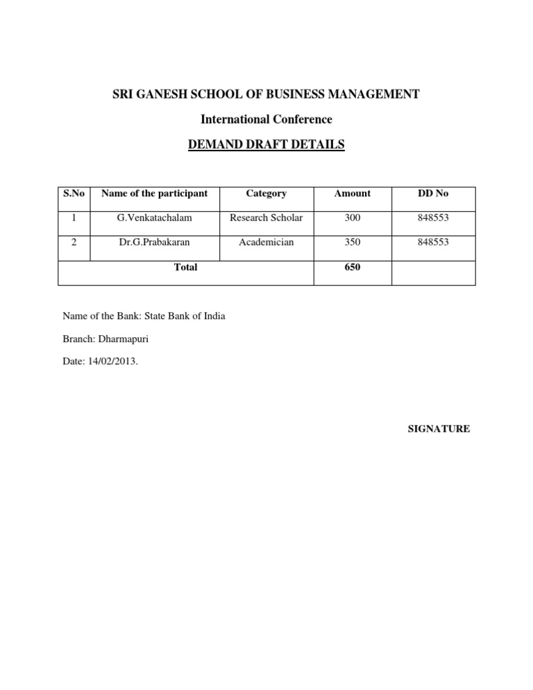 Conference Demand Draft Details | PDF
