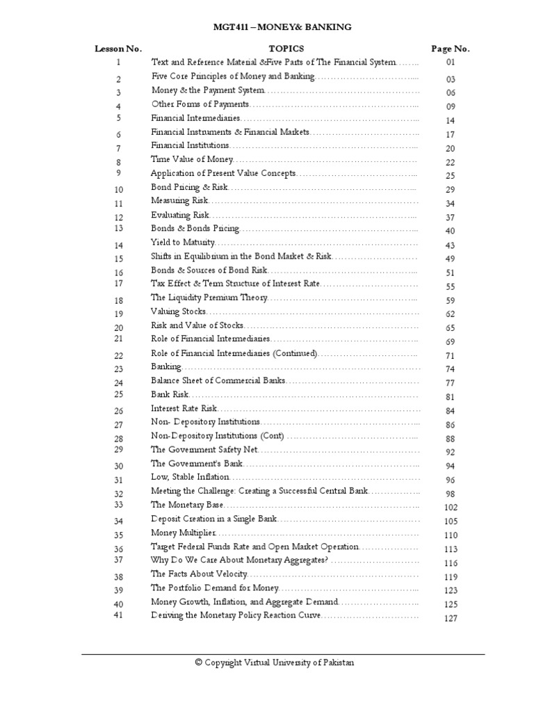 Money & Banking MGT411 Handouts PDF Money Supply Financial Markets