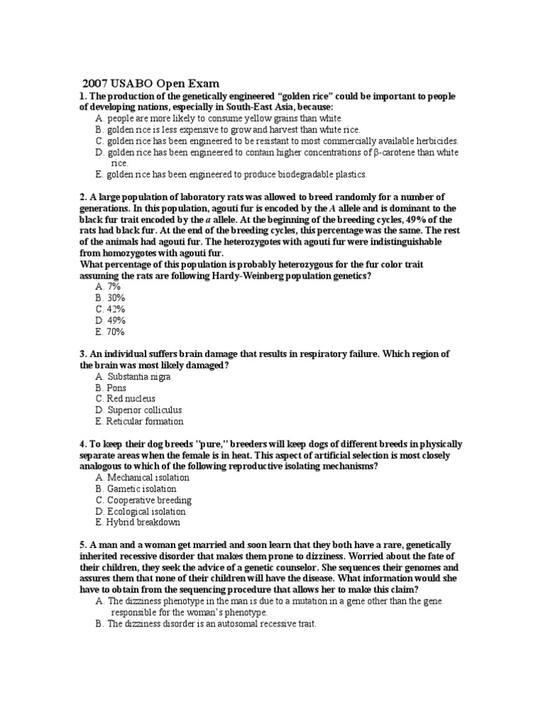 2007 USABO Open Exam PDF Cellular Respiration Cell (Biology)