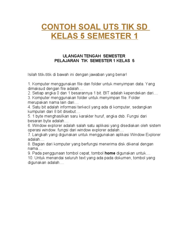 Contoh Soal Uts Tik Sd Kelas 5 Semester 1