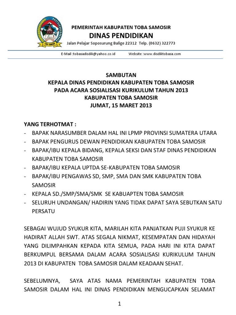 Sambutan Sosialisasi Kurikulum 2013
