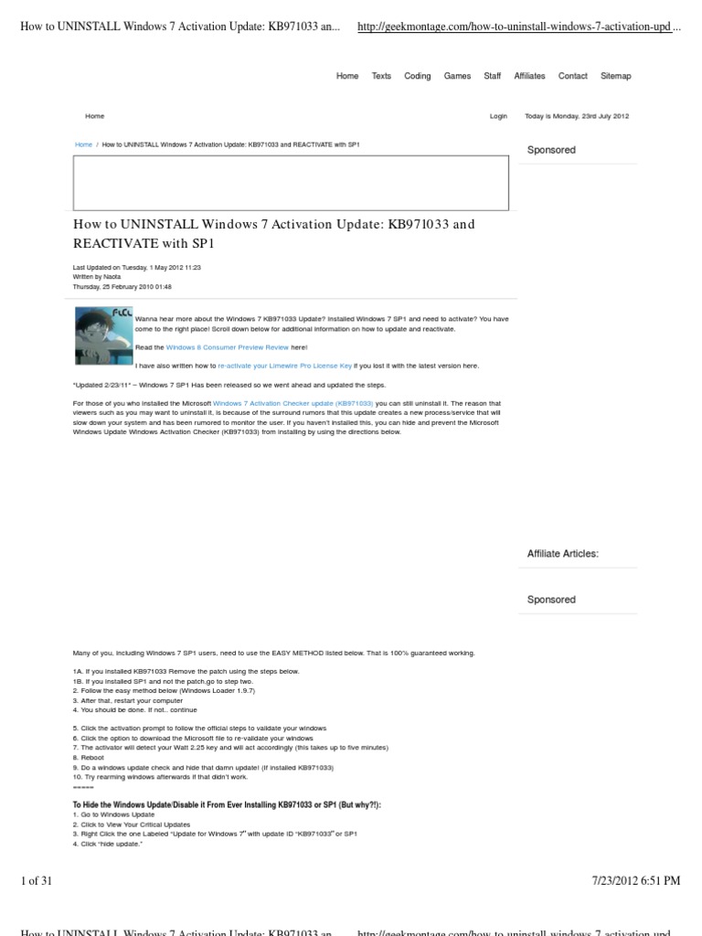 How To UNINSTALL Windows 7 Activation Update - KB971033 And.