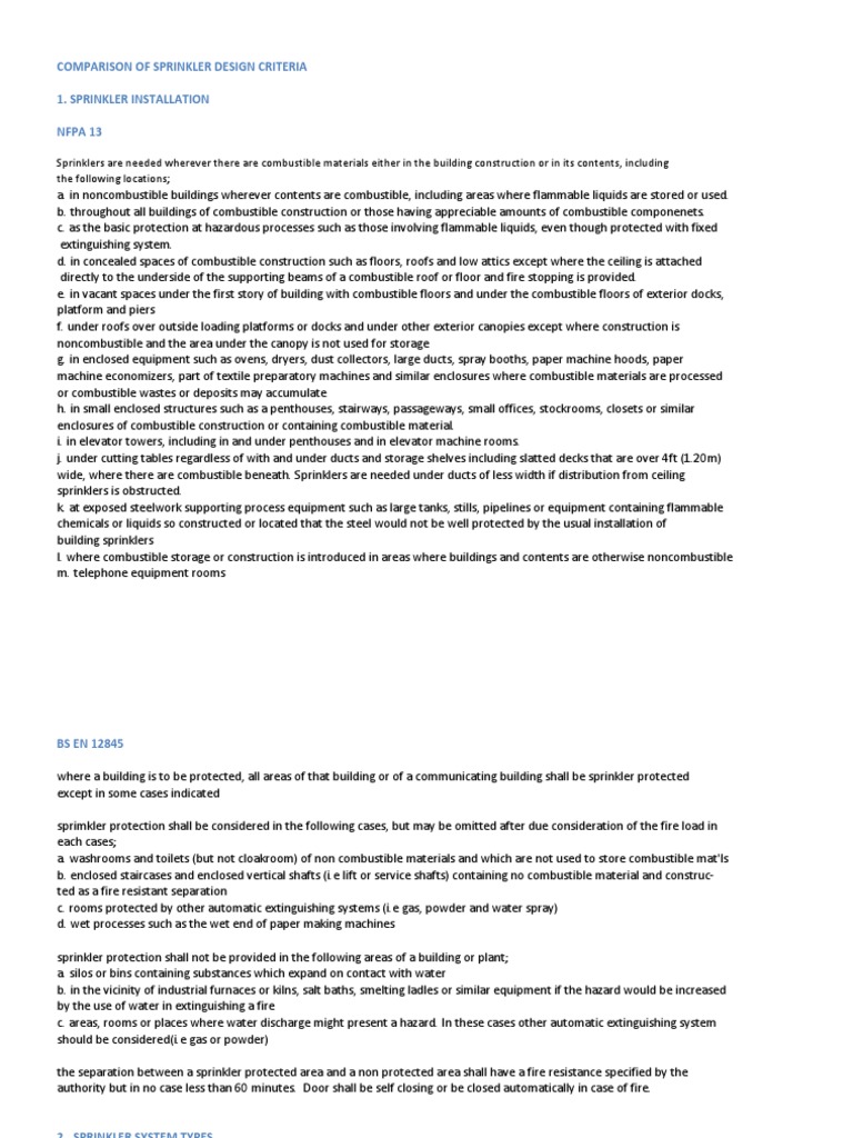Comparison of Sprinkler Design Criteria 1. Sprinkler Installation Nfpa