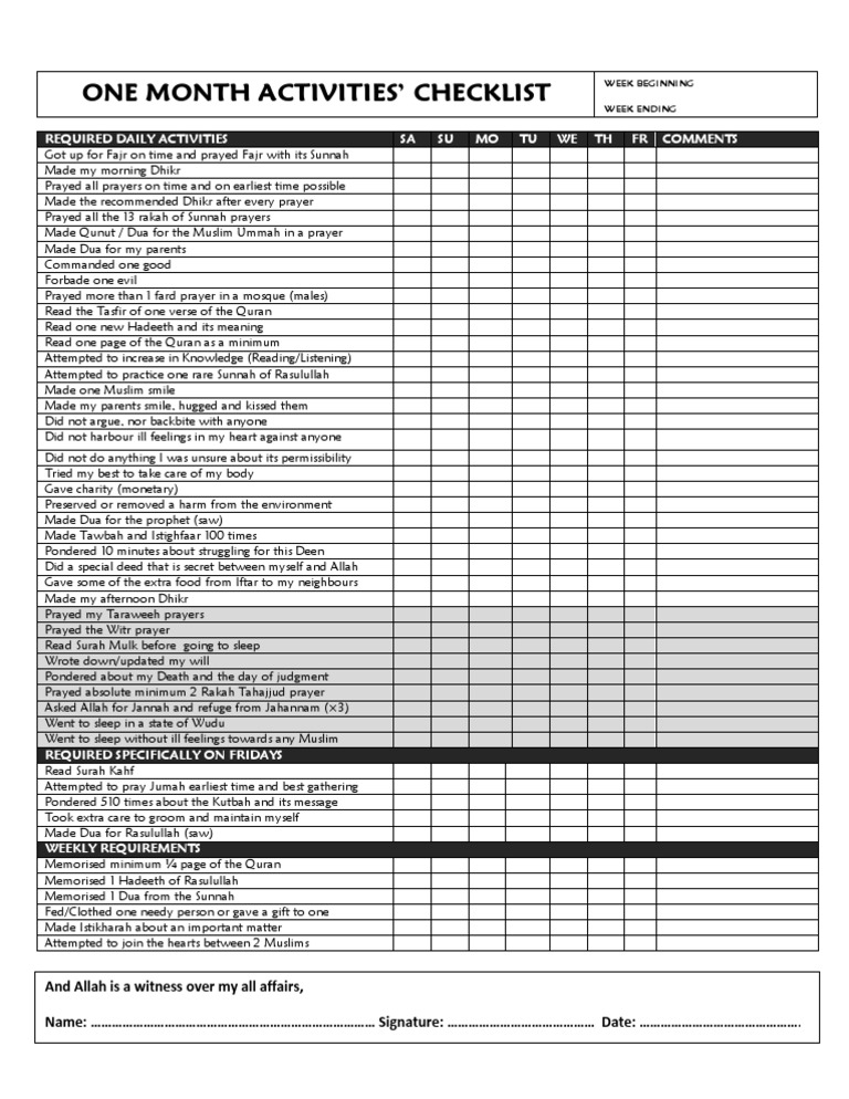 One Month Activities' Checklist: Required Daily Activities SA SU MO TU ...