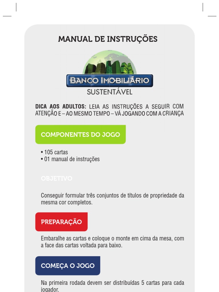Manual - Jogo Banco Imobiliário Sustentável CARTAS, PDF, Cor