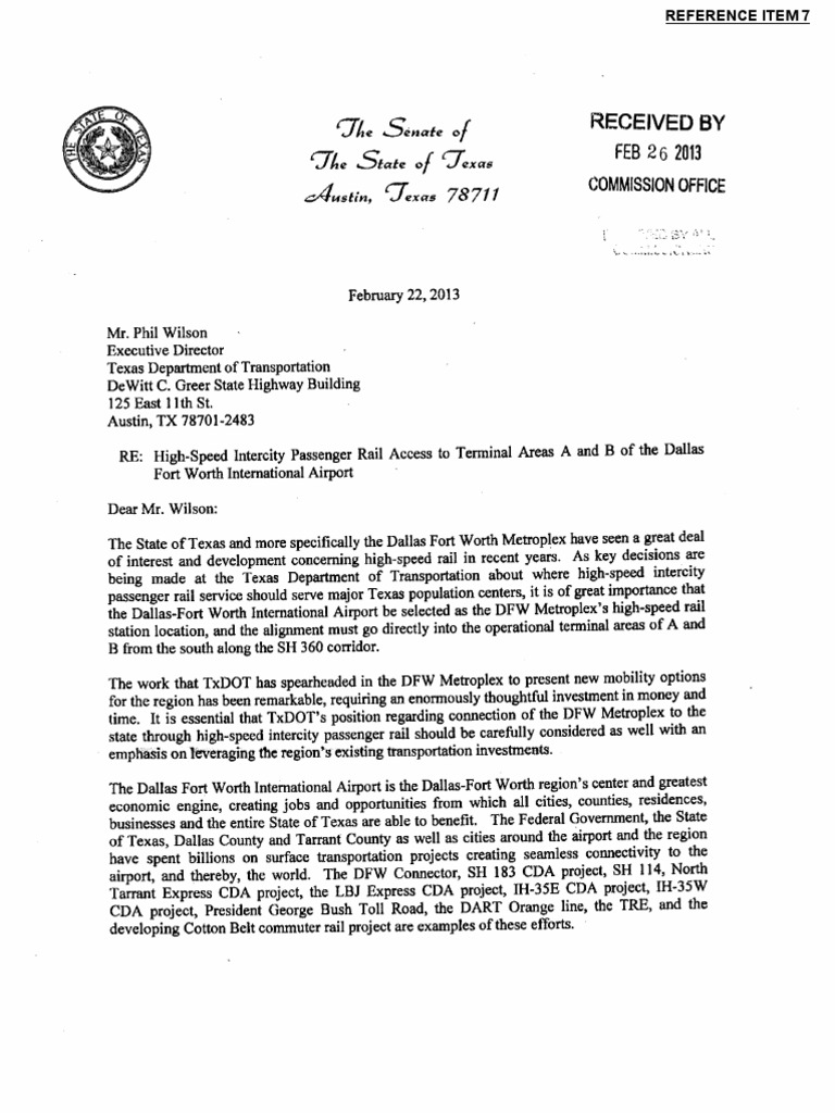 High Speed Rail Txdot Letter | PDF