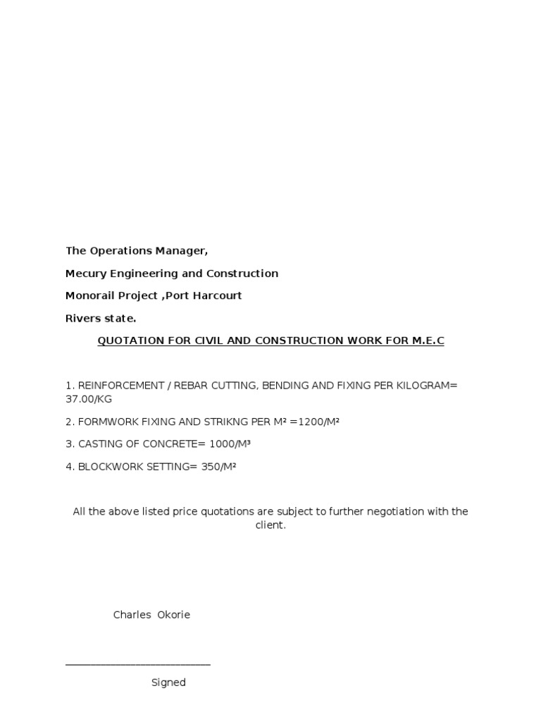Quotation for Civil Construction Work | PDF | Home & Garden | Science ...