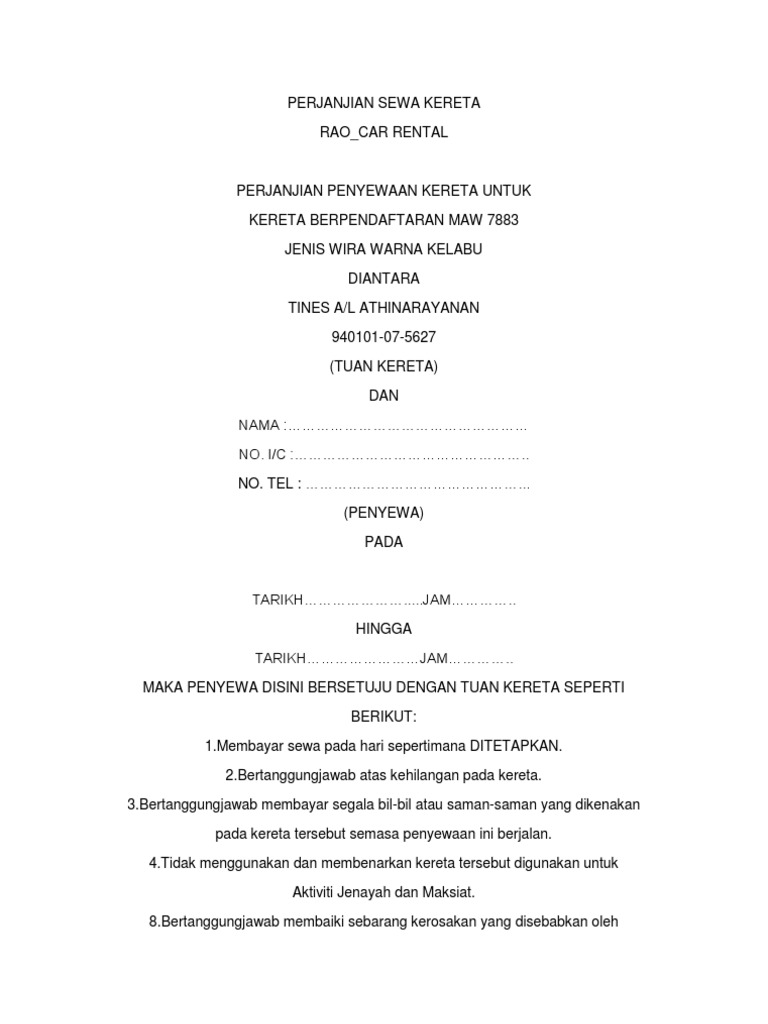 Contoh Surat Agreement Sewa Kereta