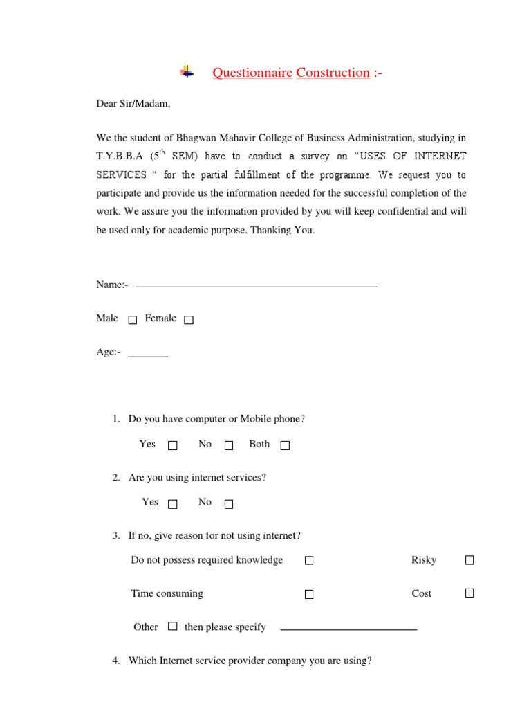Internet Services Usage Survey Questionnaire | PDF