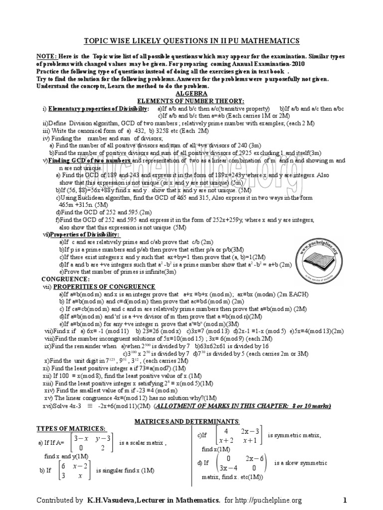 2 Nd Puc Most Imp Questions Mathematics Pdf Group Mathematics