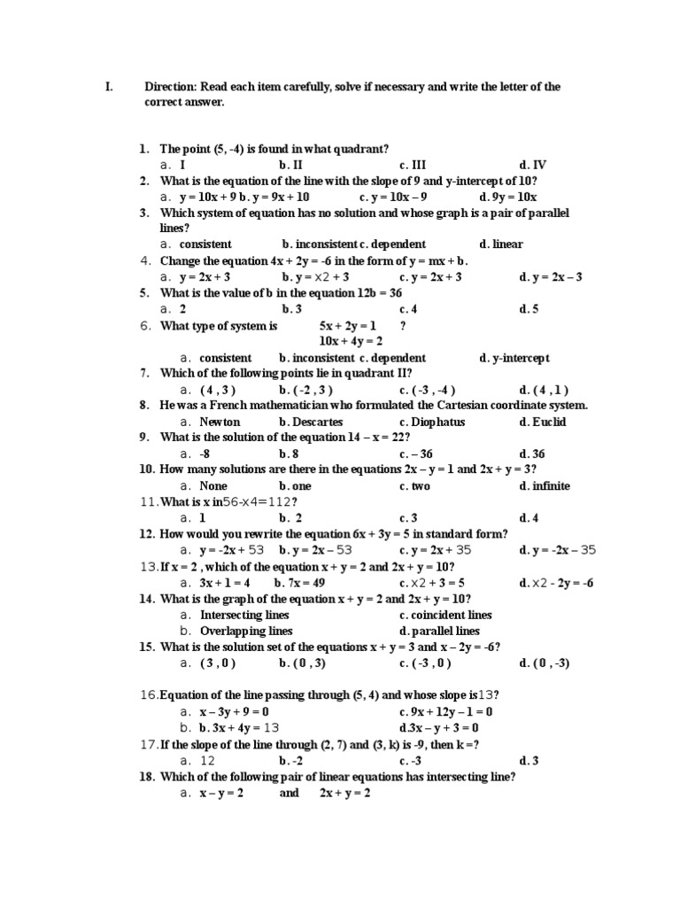 Math Quiz: Quadrants, Equations, and Inequalities | PDF | Quadratic ...