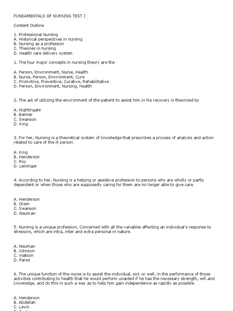 Fundamentals of Nursing Test 1 Questions Nursing