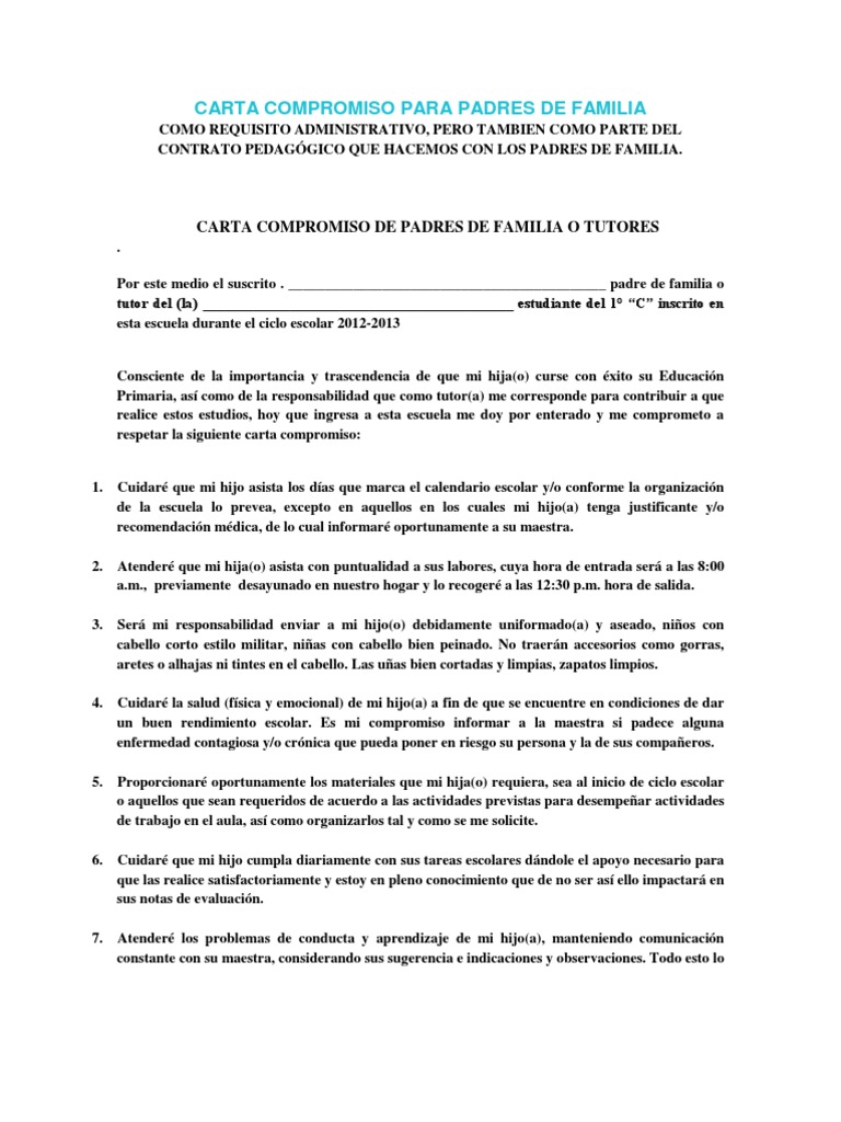 Carta Compromiso para Padres de Familia | PDF | Comportamiento | Maestros